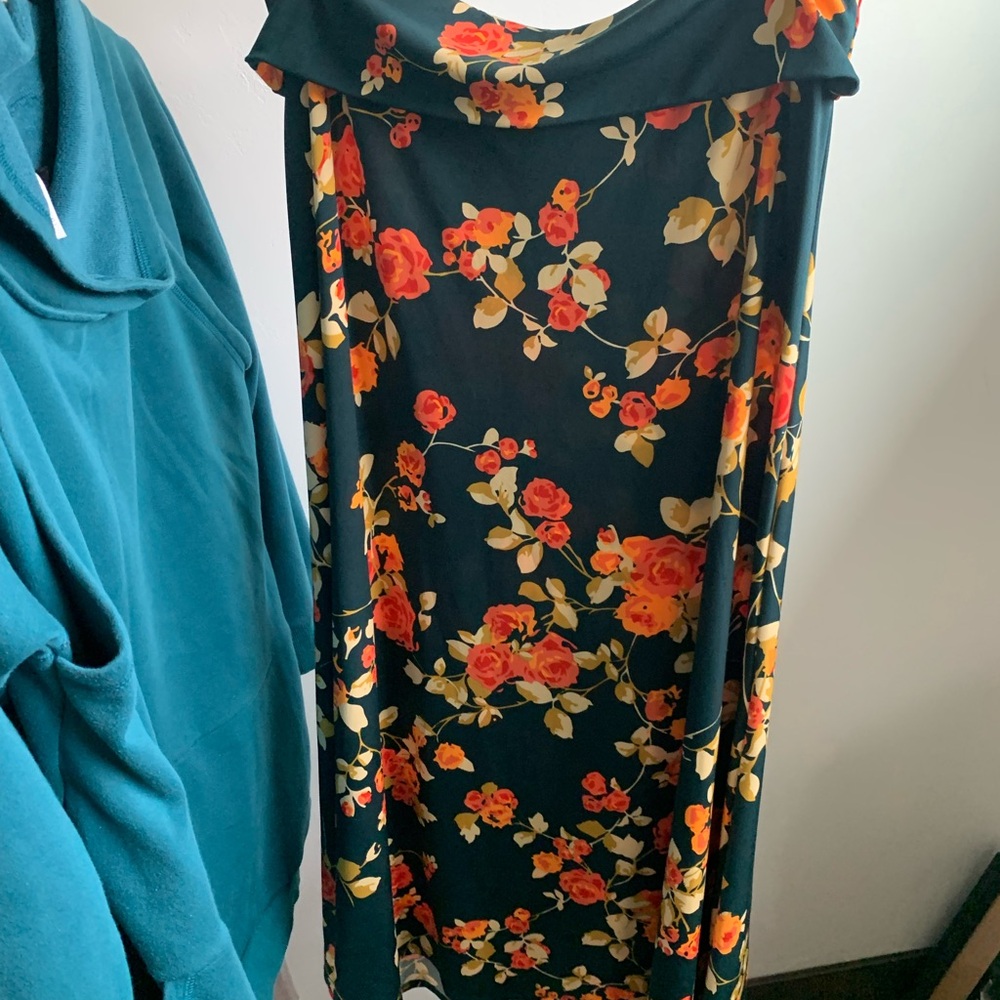 LuLaRoe Maxi Skirt with Floral Design - Teal and Orange